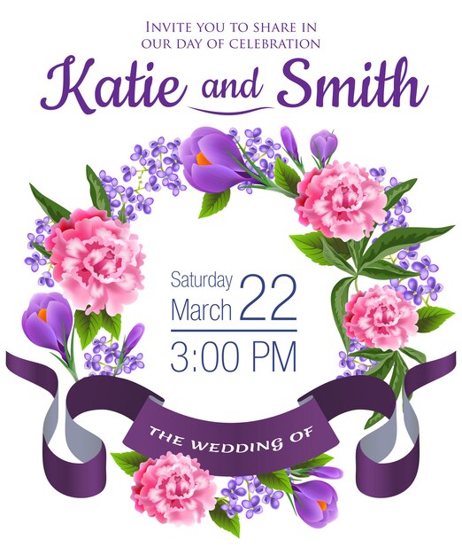 Wedding save the date with snowdrops, peonies, floral wreath and violet ribbon.