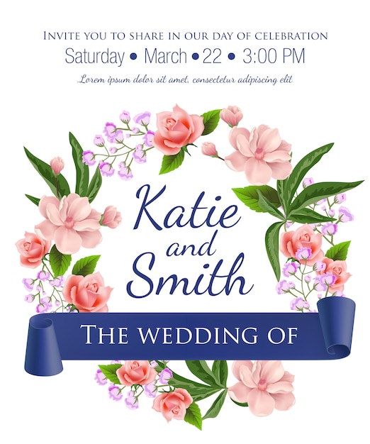 Download Free Wedding Save The Date Template With Floral Wreath Roses Blossoms And Violet Ribbon Svg Dxf Eps Png Tree Vectors Photos And Psd Files Free Download