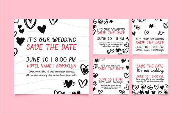 Wedding social media posts template with doodled hearts