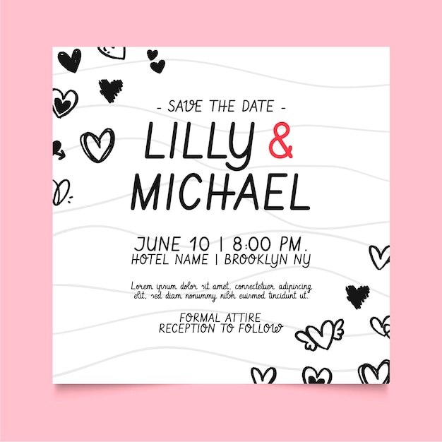 Wedding square flyer template with doodled hearts