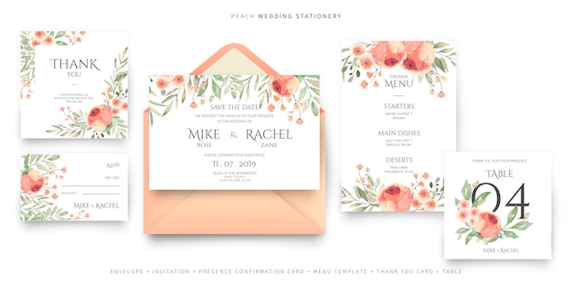 Free vector wedding stationery collection in peach and green colors