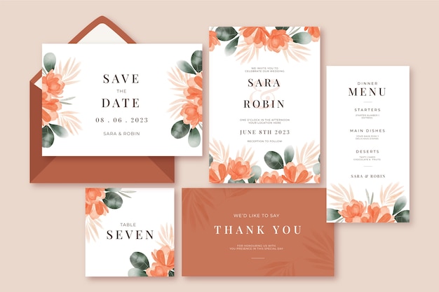 Free vector wedding stationery pack template design