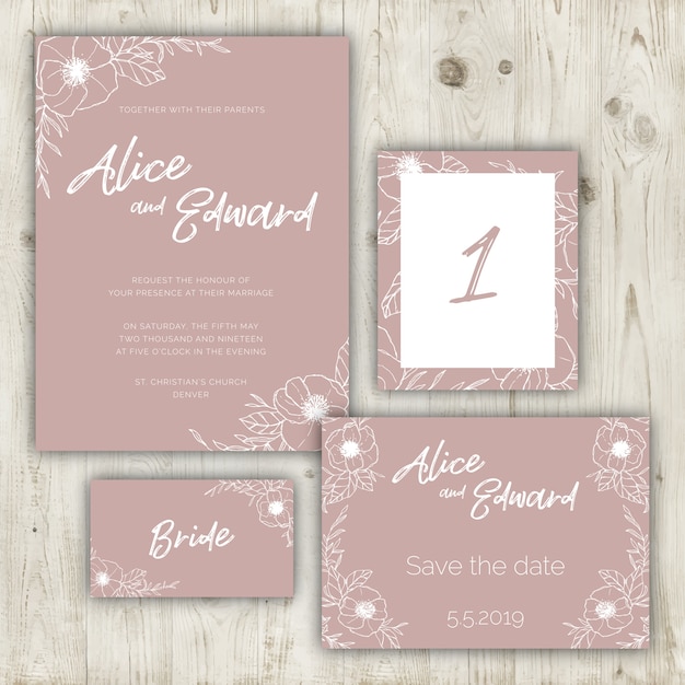 Vettore gratuito wedding stationery set in colore rosa sporco