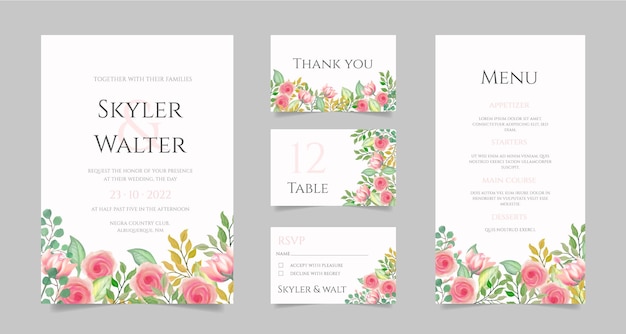 無料ベクター 水彩花と結婚式の文房具