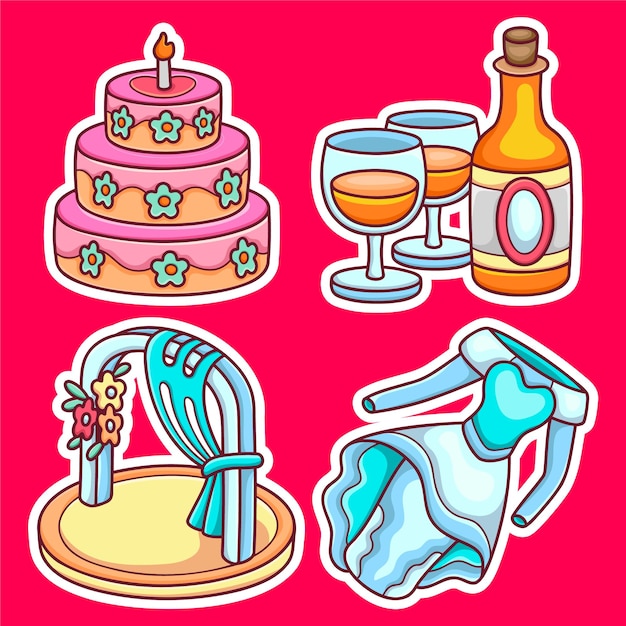 Free vector wedding sticker icons hand drawn coloring vector