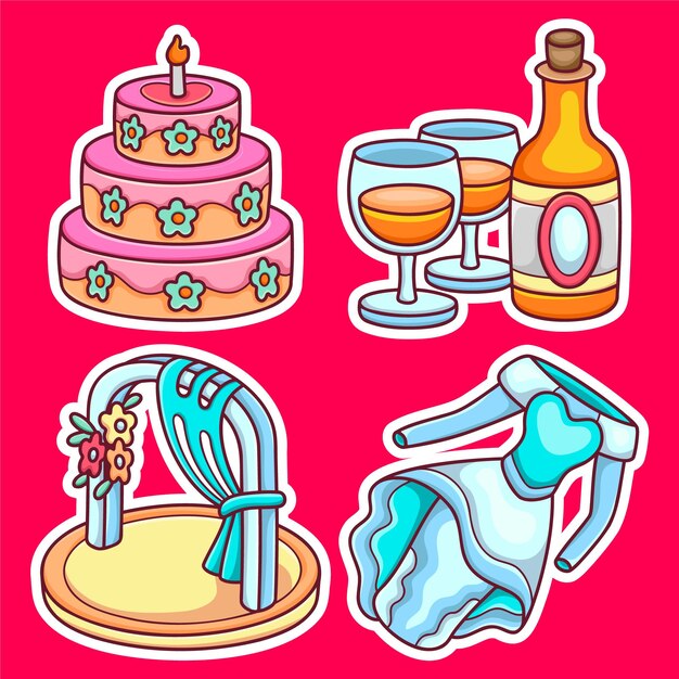 Wedding Sticker Icons Hand Drawn Coloring Vector
