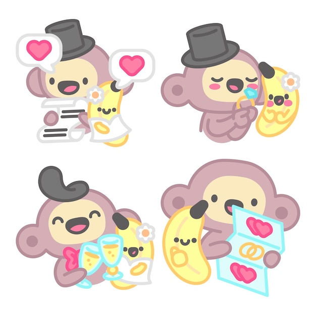 무료 벡터 원숭이와 바나나가 있는 웨딩 스티커 컬렉션