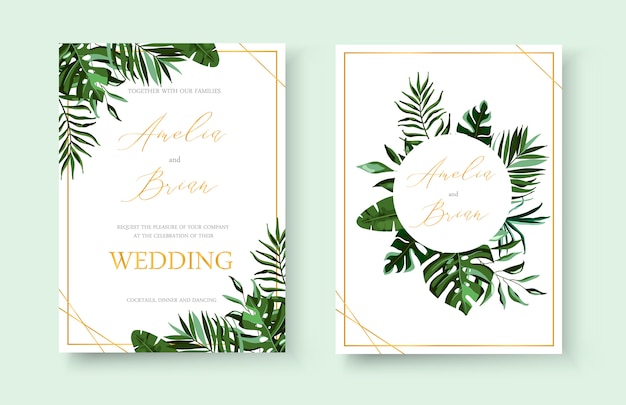 Wedding tropical exotic floral golden invitation card save the date design with green tropic monstera palm leaves herbs wreath and frame. Botanical elegant decorative vector template watercolor style