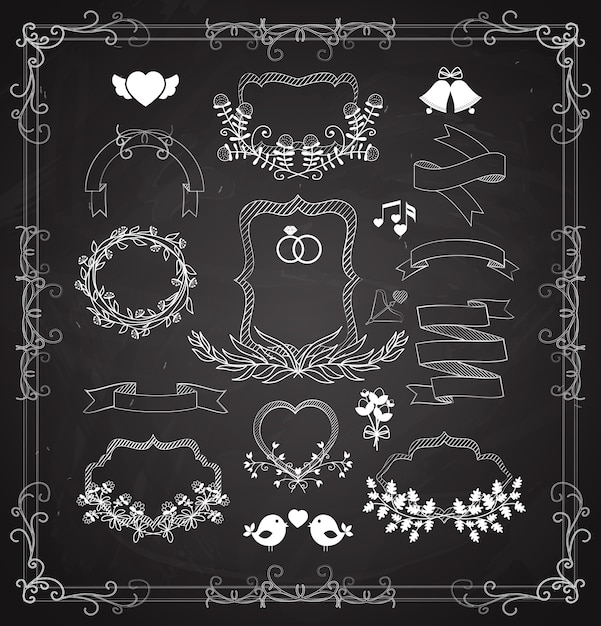Бесплатное векторное изображение Свадебный векторный графический набор с венками, рамками и лентами, сердечками, колокольчиками и птицами как элементы дизайна для поздравительных открыток и приглашений в белом на черном