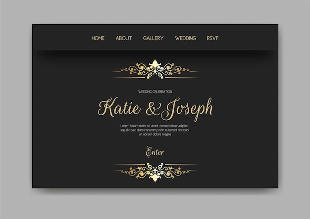 Free vector wedding web landing page with gold and black design