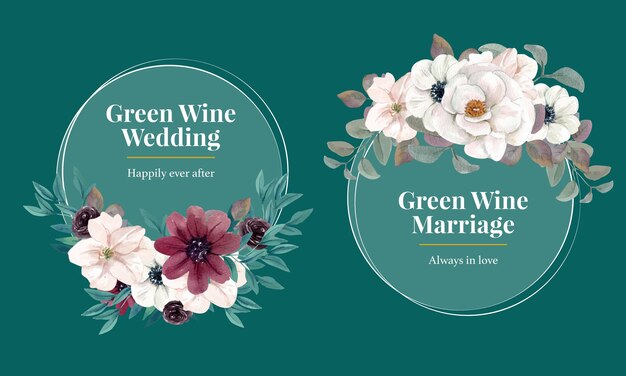 水彩風の花と結婚式の花輪の招待状