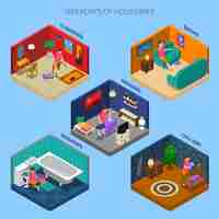 Free vector weekdays of housewife isometric scenes