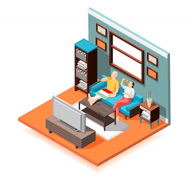 Weekend at home isometric composition couple on sofa during eating delivered pizza before tv