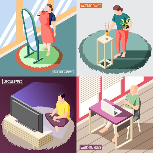 Free vector weekend at home isometric concept people during wardrobe analysis watering plants watching films games isolated