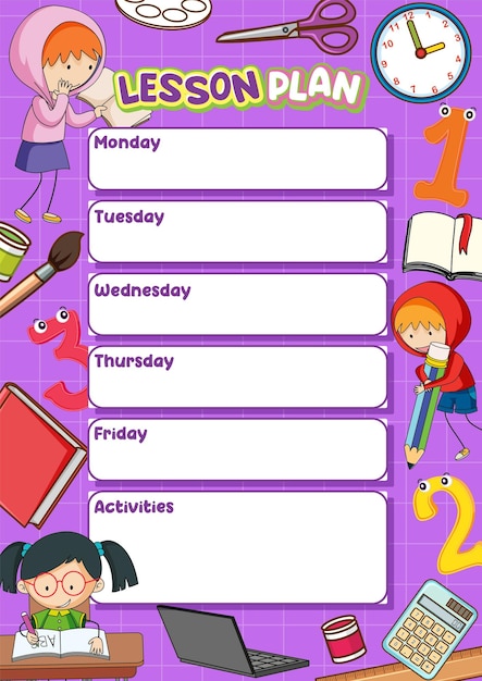 Бесплатное векторное изображение Шаблон еженедельного плана уроков с понедельника по пятницу
