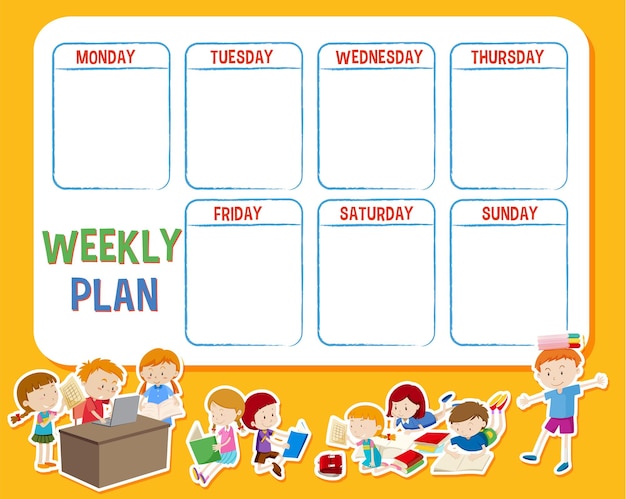 Free vector weekly plan with student cartoon characters