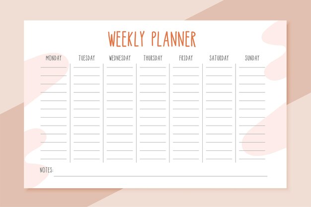 Weekly planner template card for notes