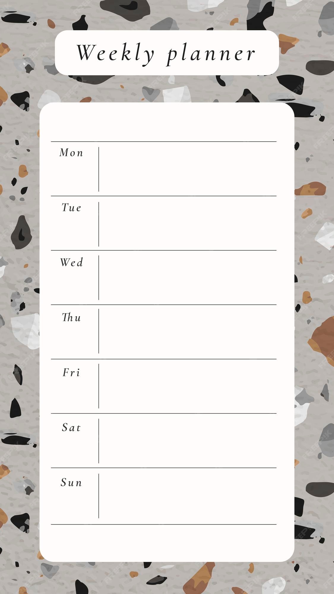 Tạo ra một lịch tuần đẹp mắt và chuyên nghiệp đã trở nên dễ dàng hơn với mẫu lịch tuần trang trí họa tiết đá trộn. Vô cùng đa dạng và sáng tạo, mẫu lịch này sẽ giúp bạn tổ chức thời gian và làm việc hiệu quả hơn mà không phải mất quá nhiều thời gian để thiết kế.