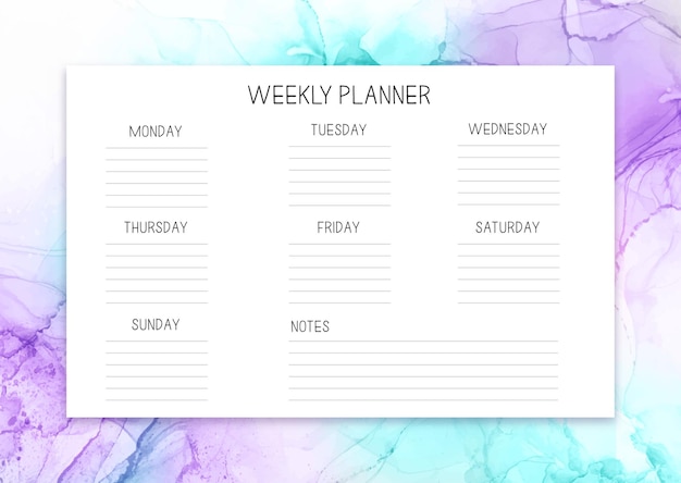 Weekly planner template with alcohol ink design