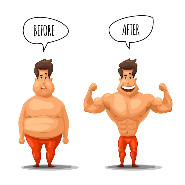 Free vector weight loss. man before and after diet illustration. man weight loss, muscular guy after lose weight