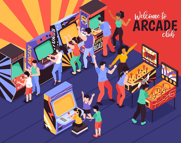 Vettore gratuito benvenuti nella composizione colorata del club arcade con i genitori e i loro figli che usano macchine da gioco per giocare