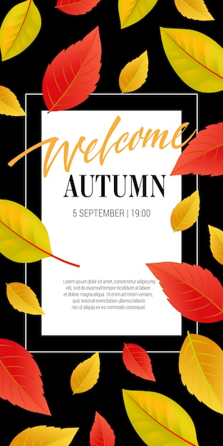 Benvenuto lettering autunno con foglie luminose. offerta autunnale o pubblicità pubblicitaria
