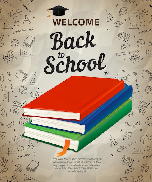 Free vector welcome, back to school lettering and books