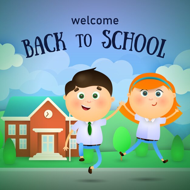 Welcome back to school lettering, happy boy and girl jumping