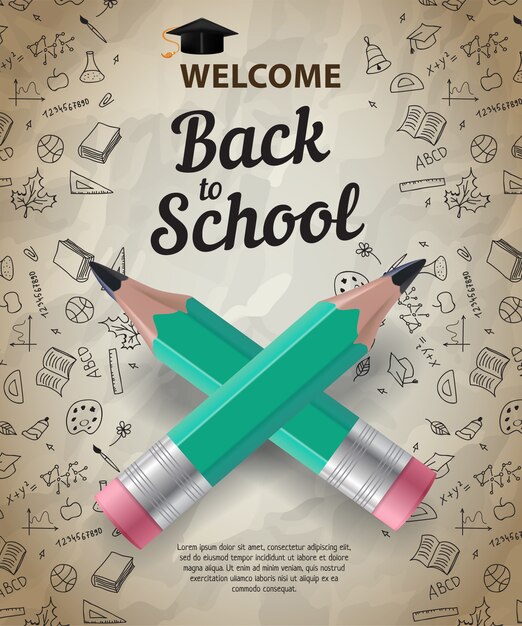 Welcome, back to school lettering with crossed pencils