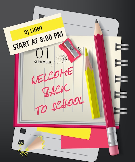 Free vector welcome back to school lettering with sharpener and pencils