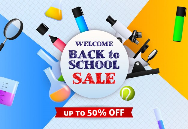 Welcome back to school sale banner de sign with marker pens, microscope