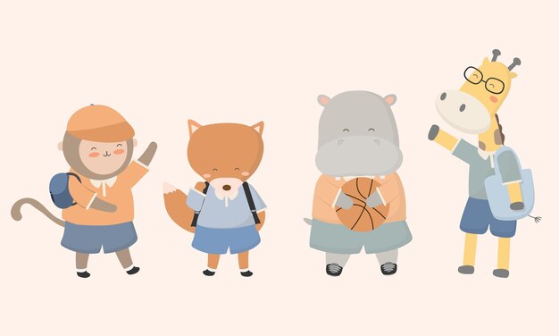 Добро пожаловать обратно в школу с забавными школьными персонажами животных плоской иллюстрации.