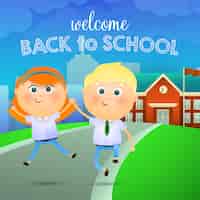 Бесплатное векторное изображение Добро пожаловать обратно в школу надписи, счастливая девушка и мальчик