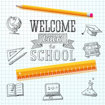 学校​の​メッセージ​へ​ようこそ​。​図面​-​グローブ​、​ノート​、​教科書​、​卒業​の​帽子​、​バス​、​科学​電球​、​鉛筆​、​定規​。