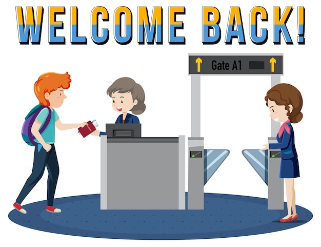 Free vector welcome back typography design with passenger walking to boardin