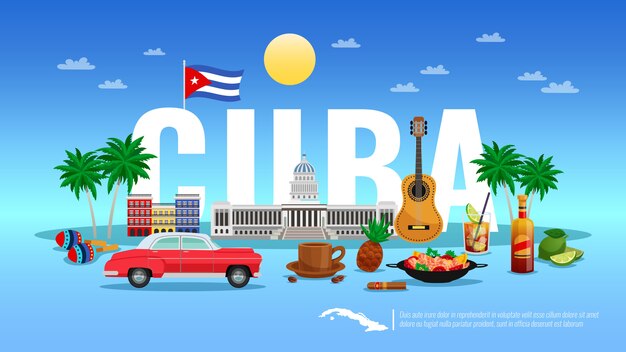 리조트 및 휴가 요소 평면 벡터 일러스트와 함께 쿠바 그림에 오신 것을 환영합니다