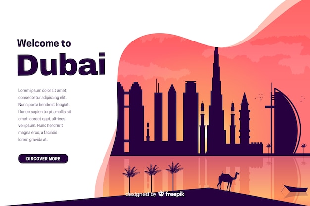 Free vector welcome to dubai landing page with illustrations