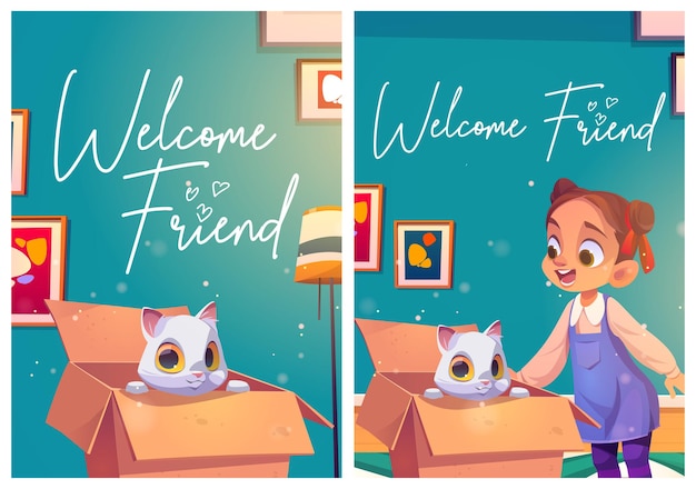 Poster di benvenuto amico con gatto in scatola e ragazza