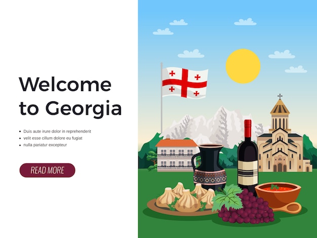 Добро пожаловать в плоский веб-сайт грузинского туристического агентства с национальными знаками еды на вине