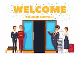 Vettore gratuito benvenuti al poster di cartone animato dell'hotel