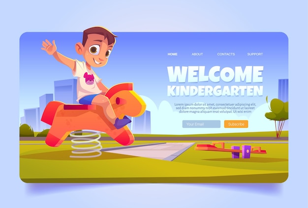 Welcome to kindergarten cartoon landing page little kid rocking wooden horse on playground