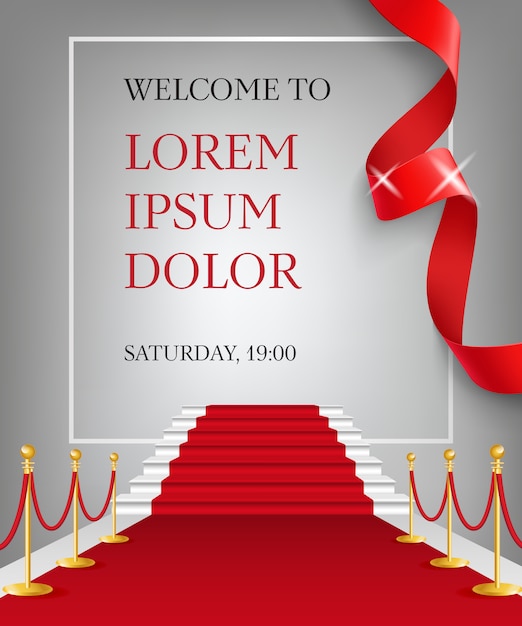 Free vector welcome to lettering with red carpet entrance