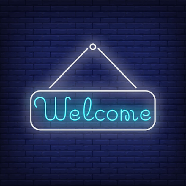 Free vector welcome neon lettering on tablet. invitation.