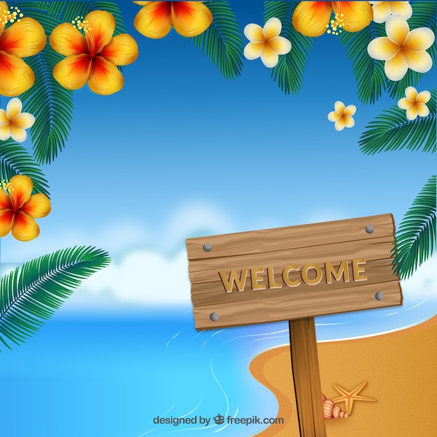 Free vector welcome to paradise in a wooden signboard