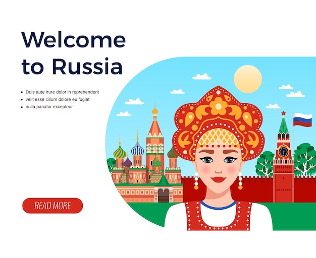 Welcome to russia flat composition travel agency advertising  with girl in sarafan and kokoshnik