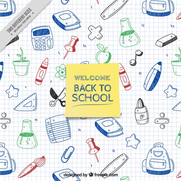 Welcome to school with school supplies drawn on a notebook