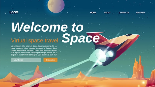 Welcome to space cartoon landing page with spaceship take off alien planet surface.