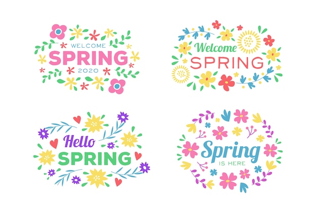 Welcome spring badge collection with colourful flowers and leaves