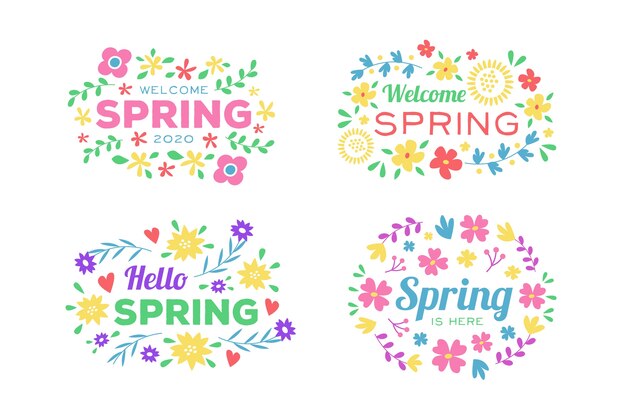 Free Vector welcome spring badge collection with colourful flowers and leaves