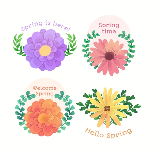 Free vector welcome spring badges with wreath of leaves